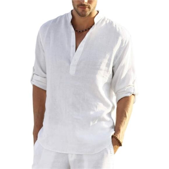 Men's White Cotton Linen Henley T-Shirts Long Sleeve Hippie Casual‎ Beach - Picture 1 of 6